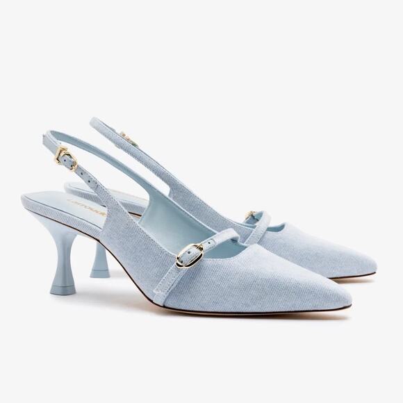 Larroudé Ines Pump Pointed Toe Slingback Heels In Maya Light Blue Denim (Sz 10) - Picture 1 of 15